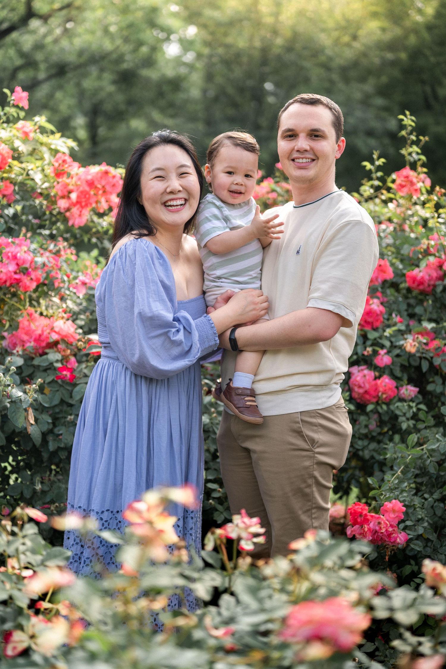 Family poses together in front of blooming pink rose garden. Northern Virginia Family Photographer