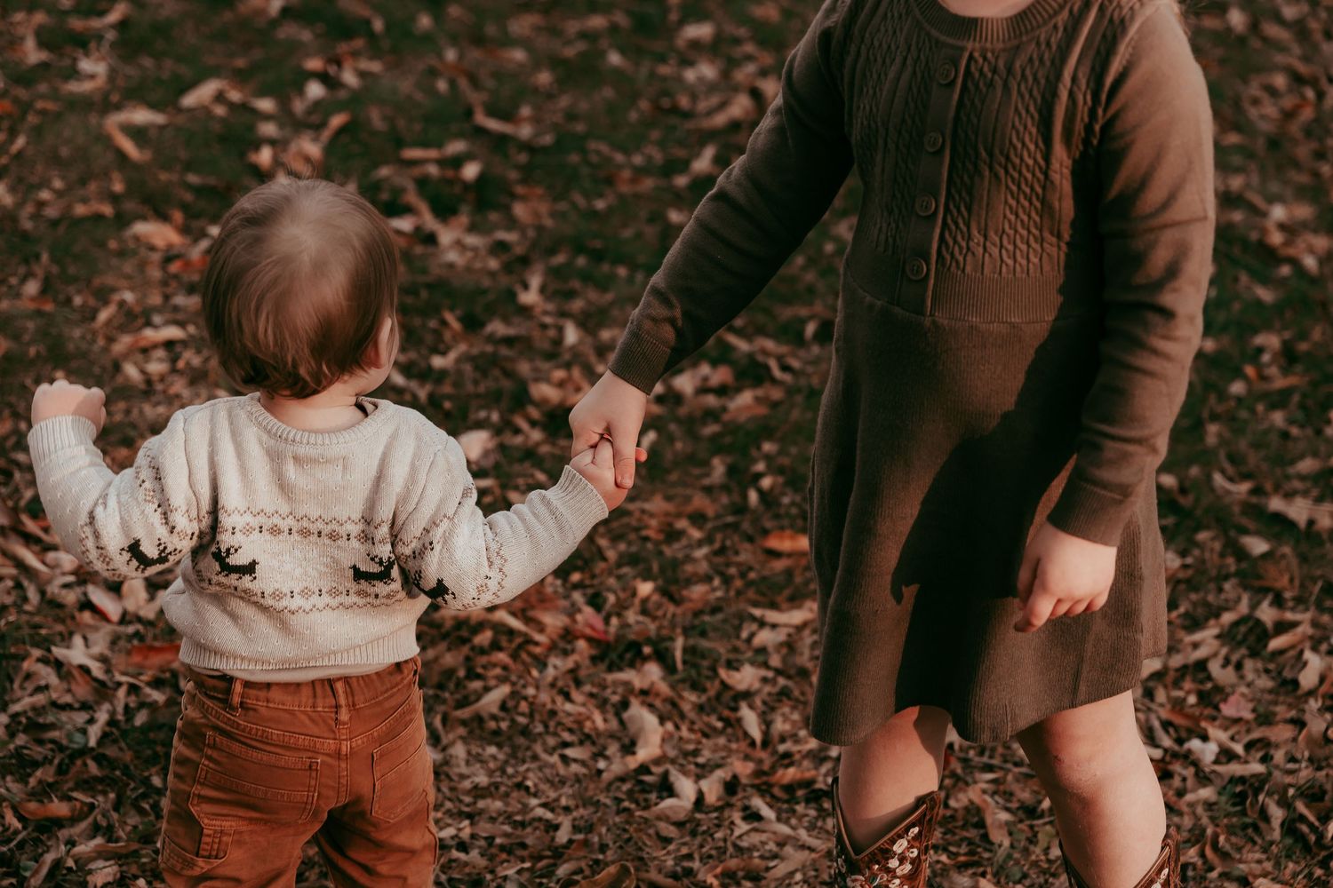 Two young children holding hands while walking on a leaf-covered path during autumn.