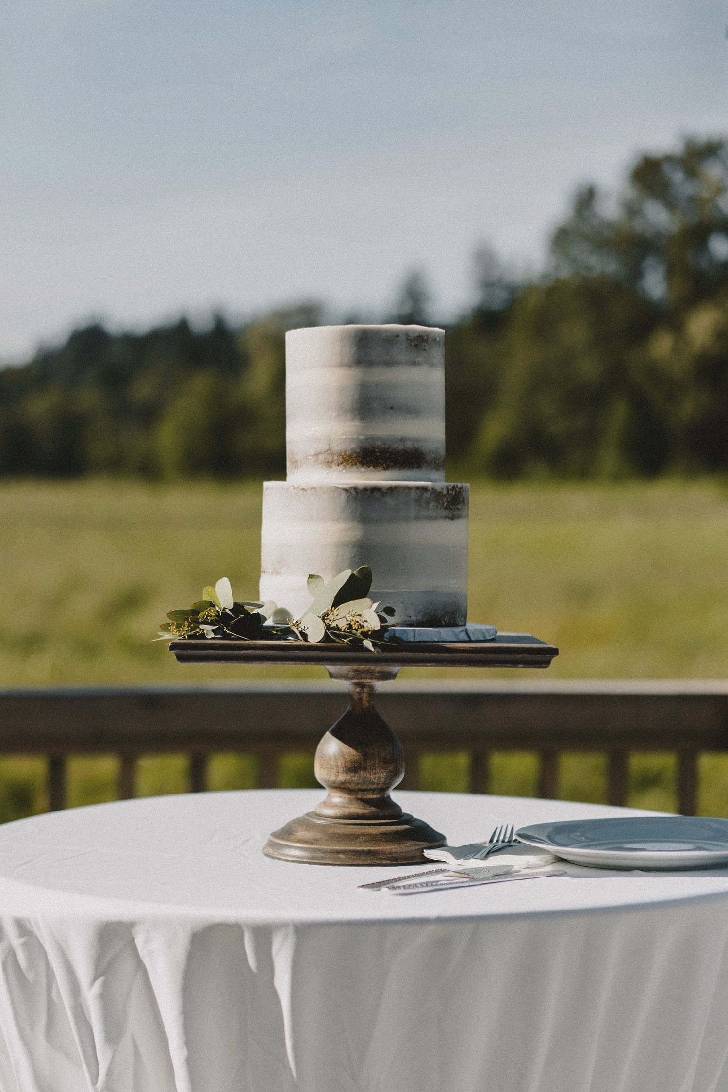 Minimalist wedding cake at outdoor Seattle venue, cinematic detail photography with natural light and rustic styling