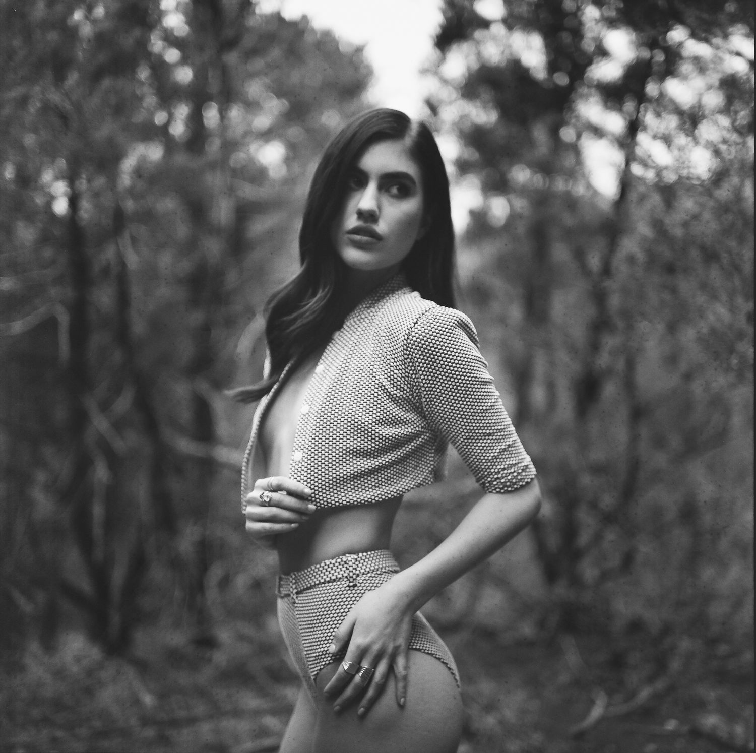 Forest swimwear portrait in black and white medium format film, Seattle outdoor photography with natural light and organic composition