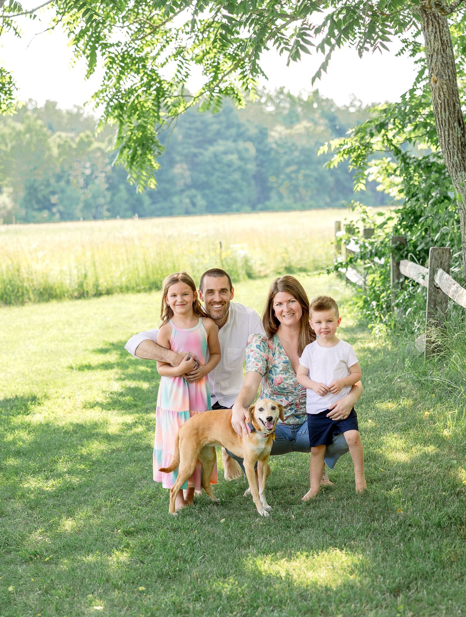 A group enjoys a sunny summer day outdoors with their brown dog on a grassy field with trees in the background.