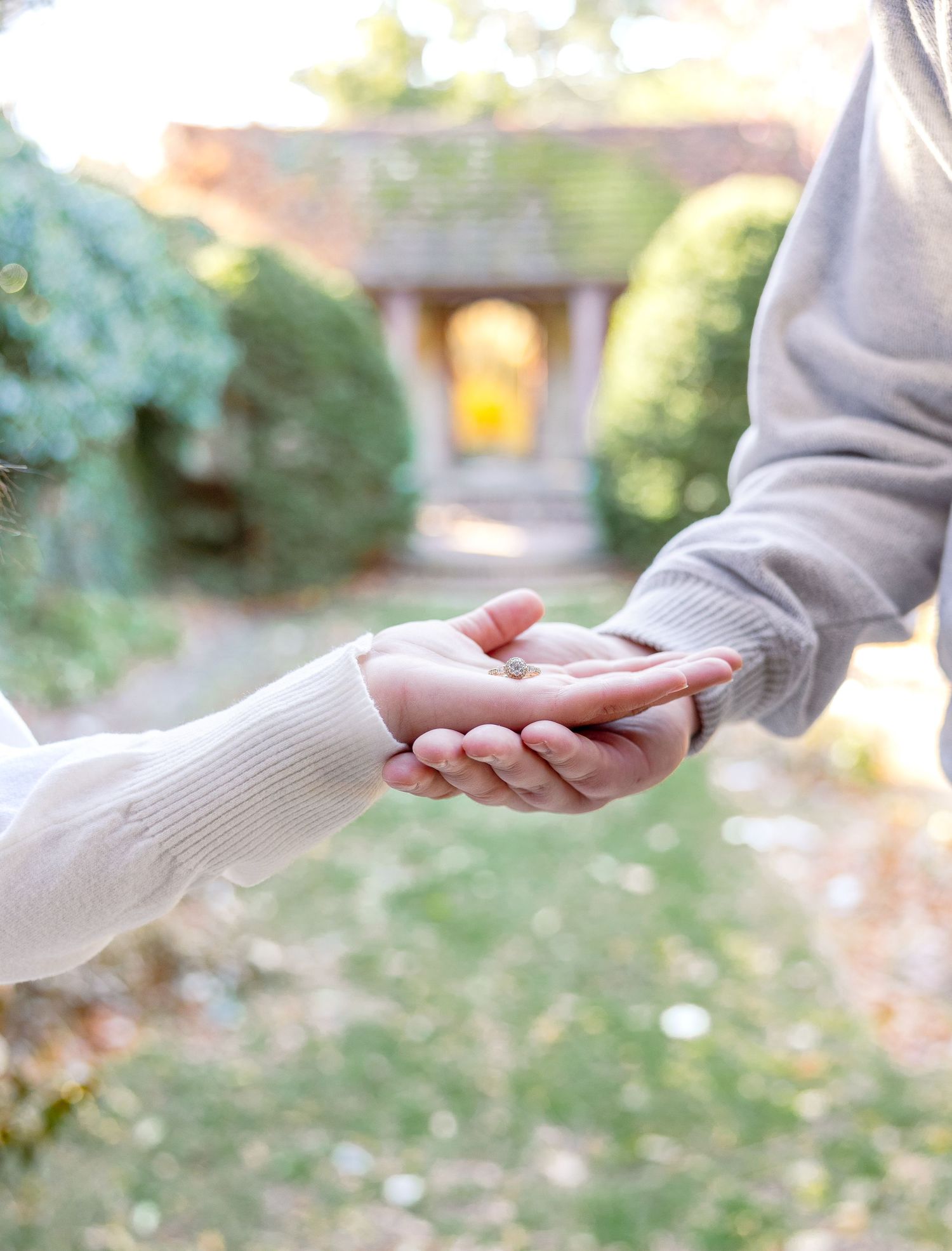 Close-up view of two hands exchanging something outdoors with blurred greenery in the background.