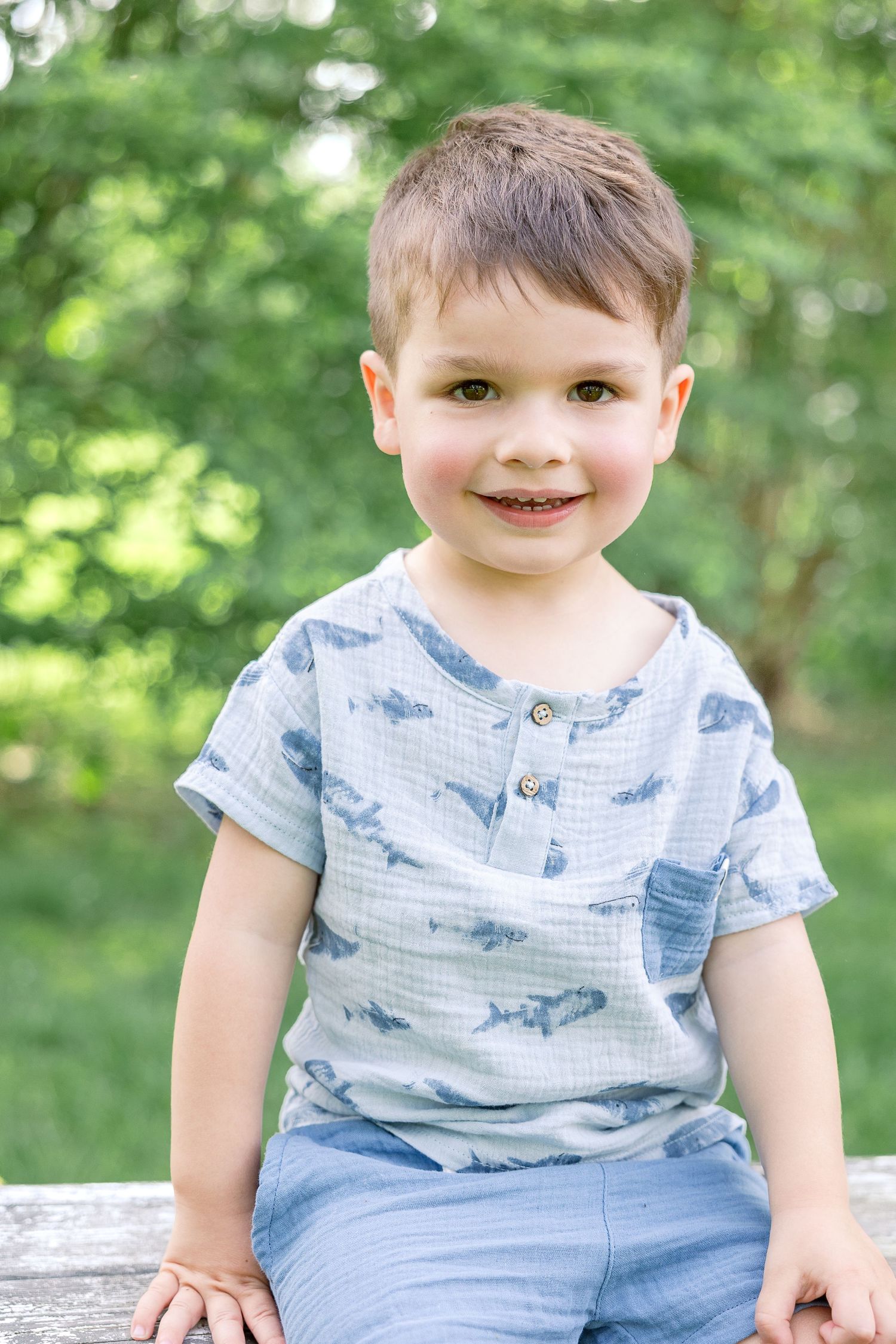 Young child sits outdoors wearing a blue and white shark-print t-shirt against a green blurred background.