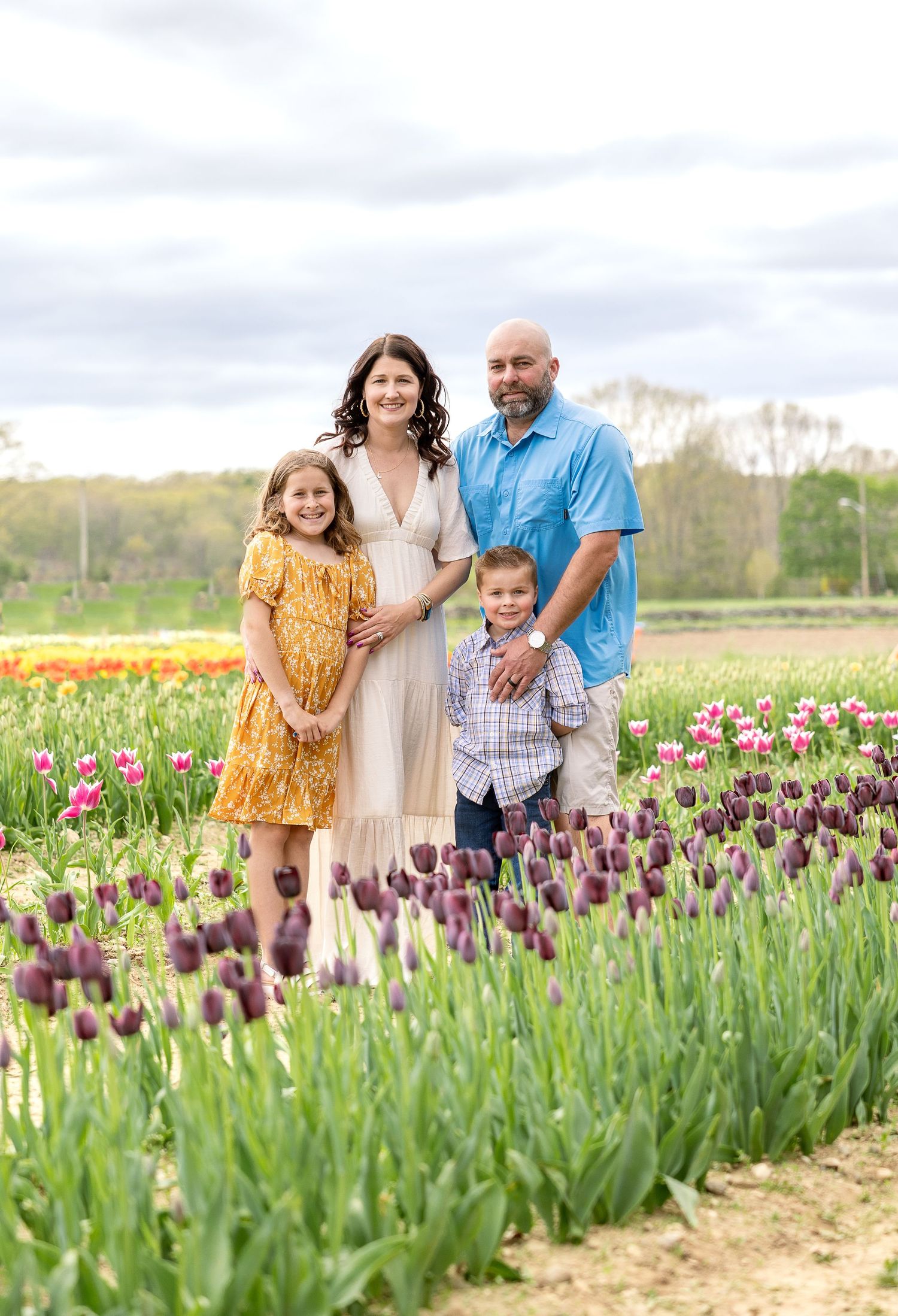 Family standing together in a blooming purple tulip field on a spring day.