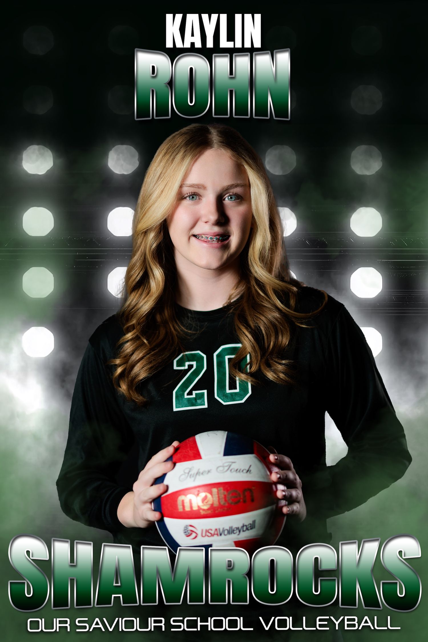 High school volleyball athlete in black jersey poses with volleyball against stadium lights background.