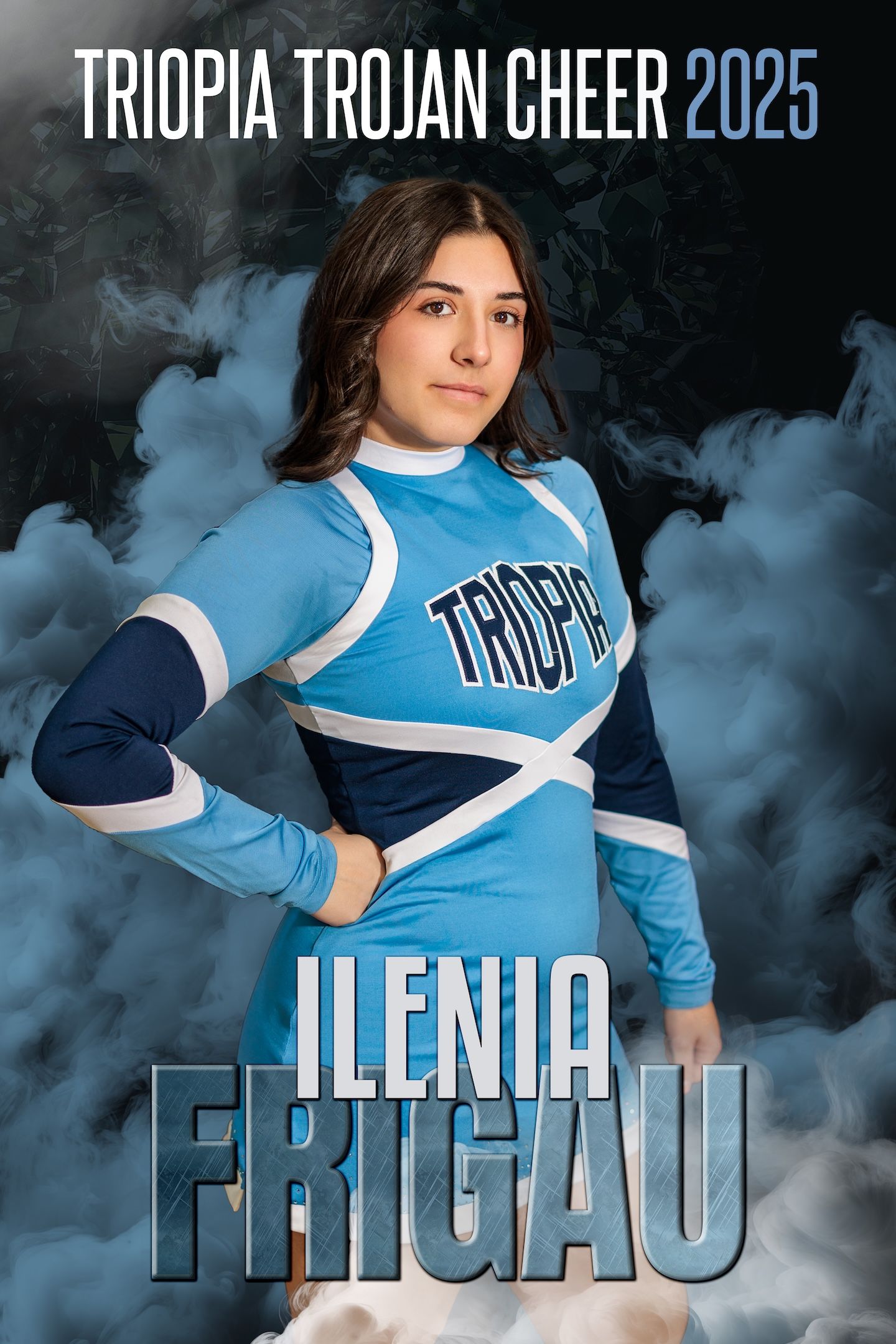 Cheerleader in light blue and navy Triopia Trojan uniform poses for team photo with misty smoke effects in background.