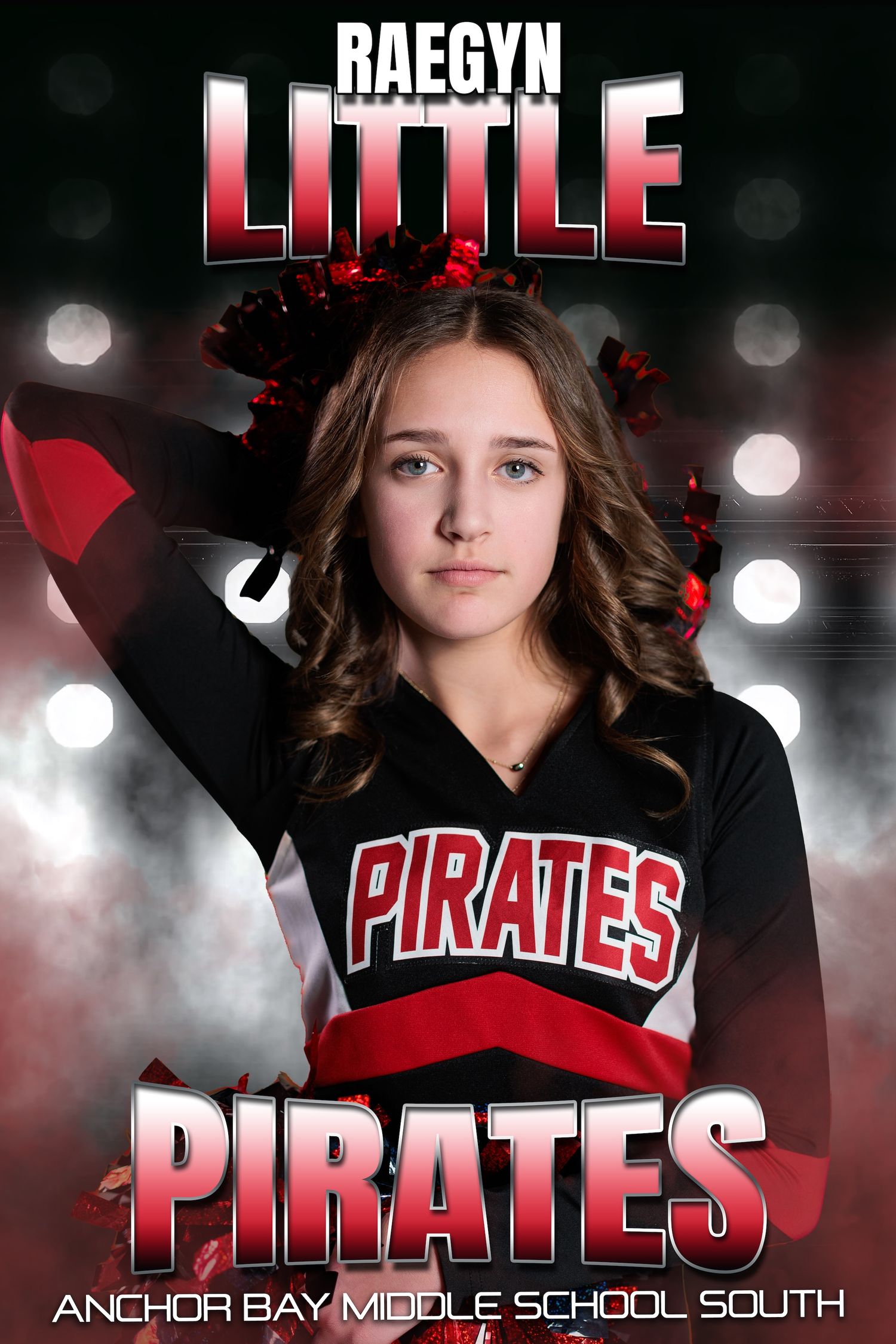 Middle school cheerleader in red and black Pirates uniform poses against dramatic lighting backdrop.