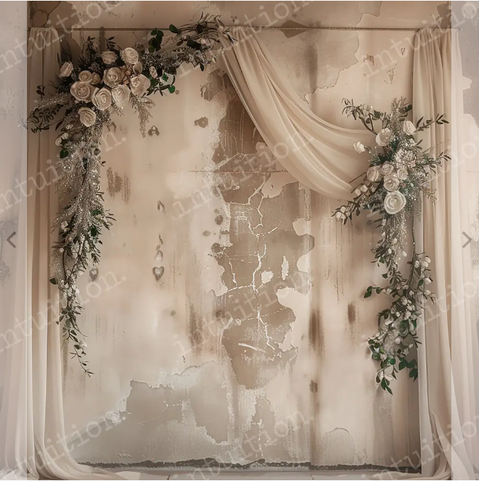 Beautiful wedding backdrop with draped white fabric, floral arrangements and greenery creating an elegant arch display.