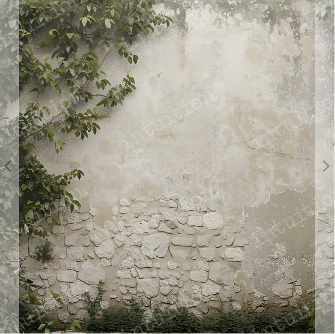 Rustic stone wall with peeling plaster texture and green climbing vine leaves creating an atmospheric backdrop.
