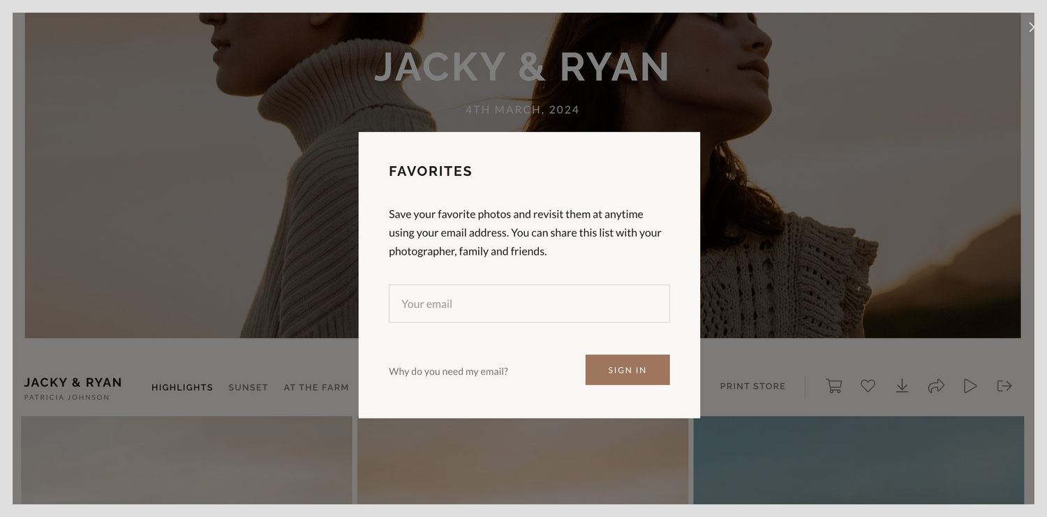 A minimalist wedding photography website with a newsletter signup form overlaid on a sepia-toned background image.