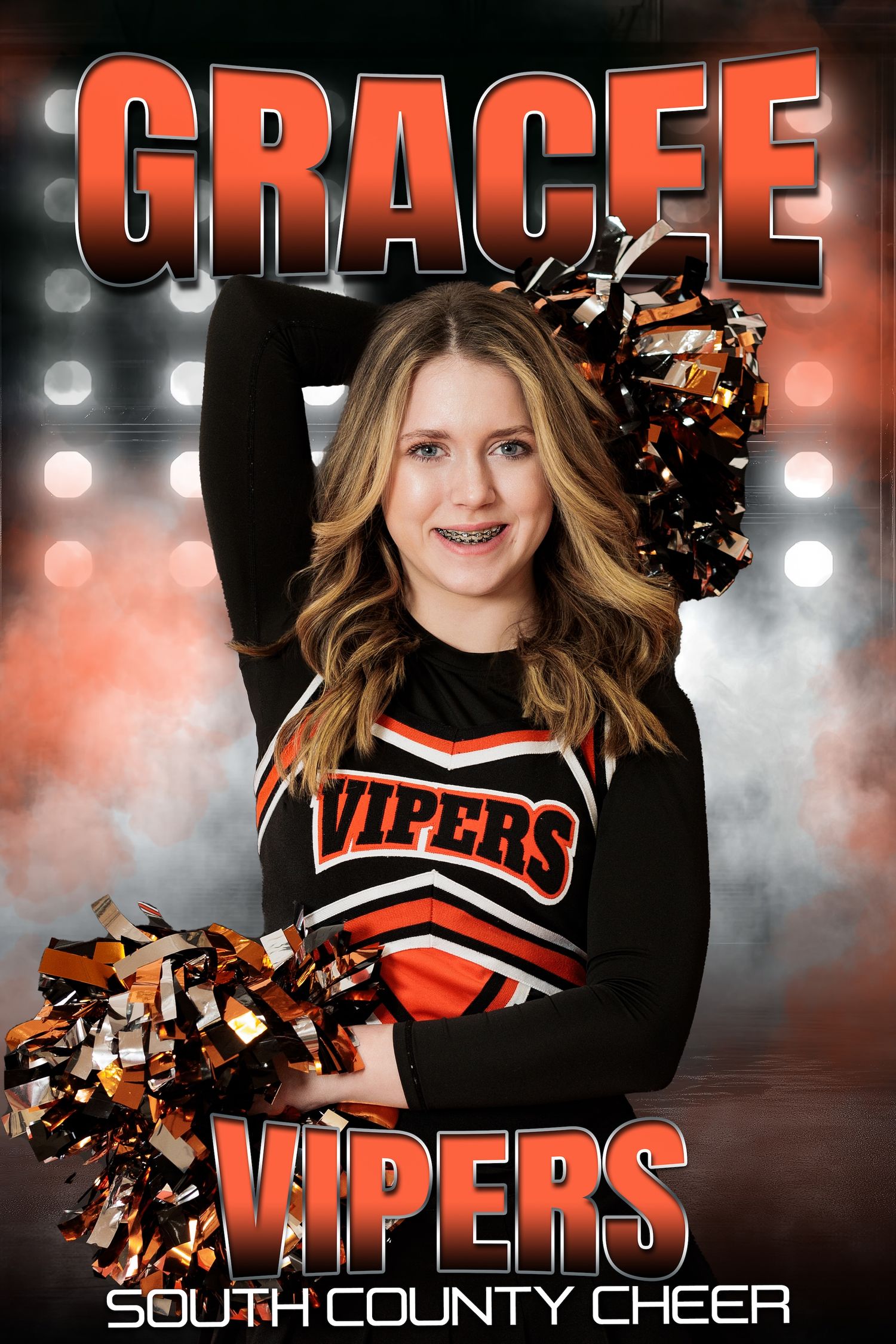 A cheerleader in orange and black Vipers uniform poses against a spotlit background with pom poms.
