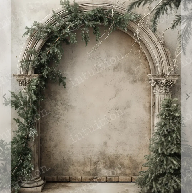 Ornate stone archway with climbing vines and greenery against a textured beige wall in vintage style.