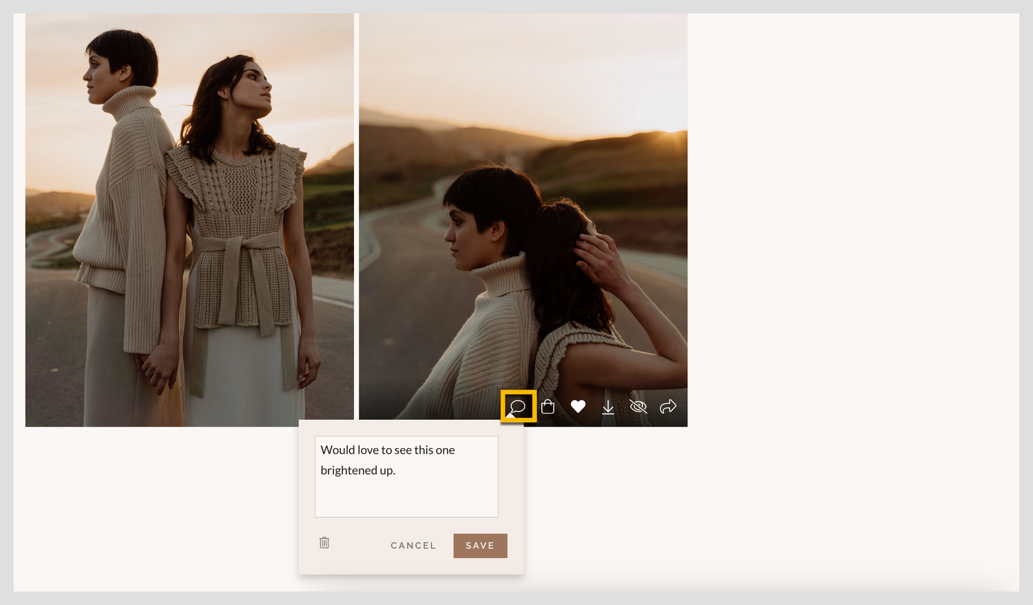A couple stands together against a warm sepia-toned background in romantic artistic portrait style photography.