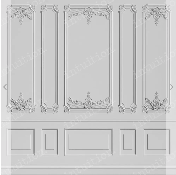 Classic white wall paneling with ornate moldings and decorative frames in a traditional French style interior design.