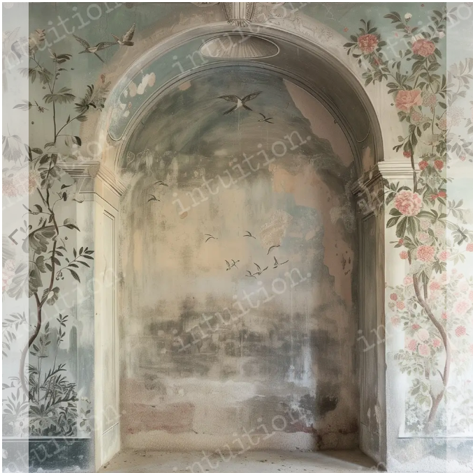 Arched alcove with delicate floral wallpaper murals featuring pink roses and greenery against faded vintage walls.