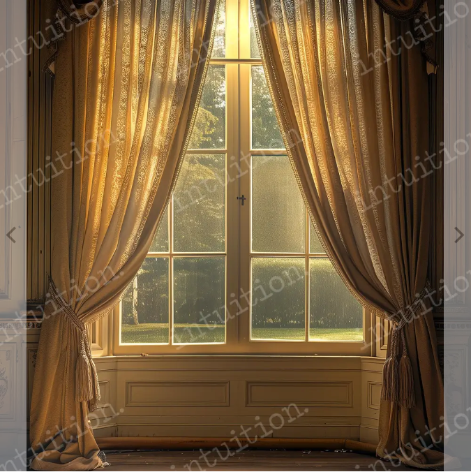 Elegant floor-to-ceiling window with golden curtains and ornate trim in a classical interior setting.