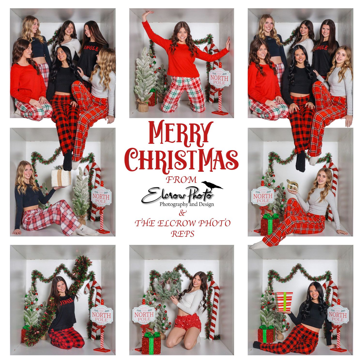 A festive holiday photo session with plaid outfits and Christmas decorations around a decorated tree and candy cane props.