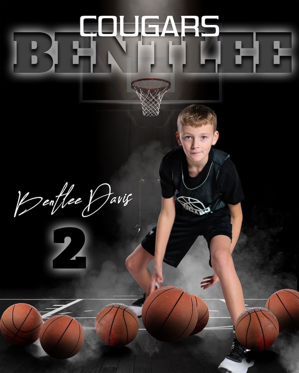 Youth basketball player poses with multiple basketballs in a dramatic black sports photo with Cougars team branding.