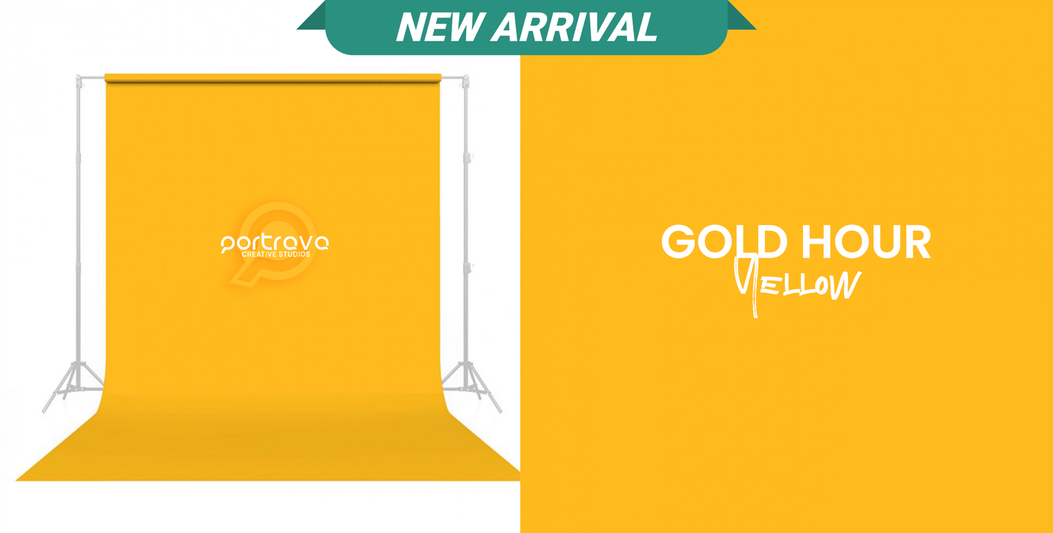 Gold hour promotional banner with bright yellow background and white text overlay. Portrava Creative Studios