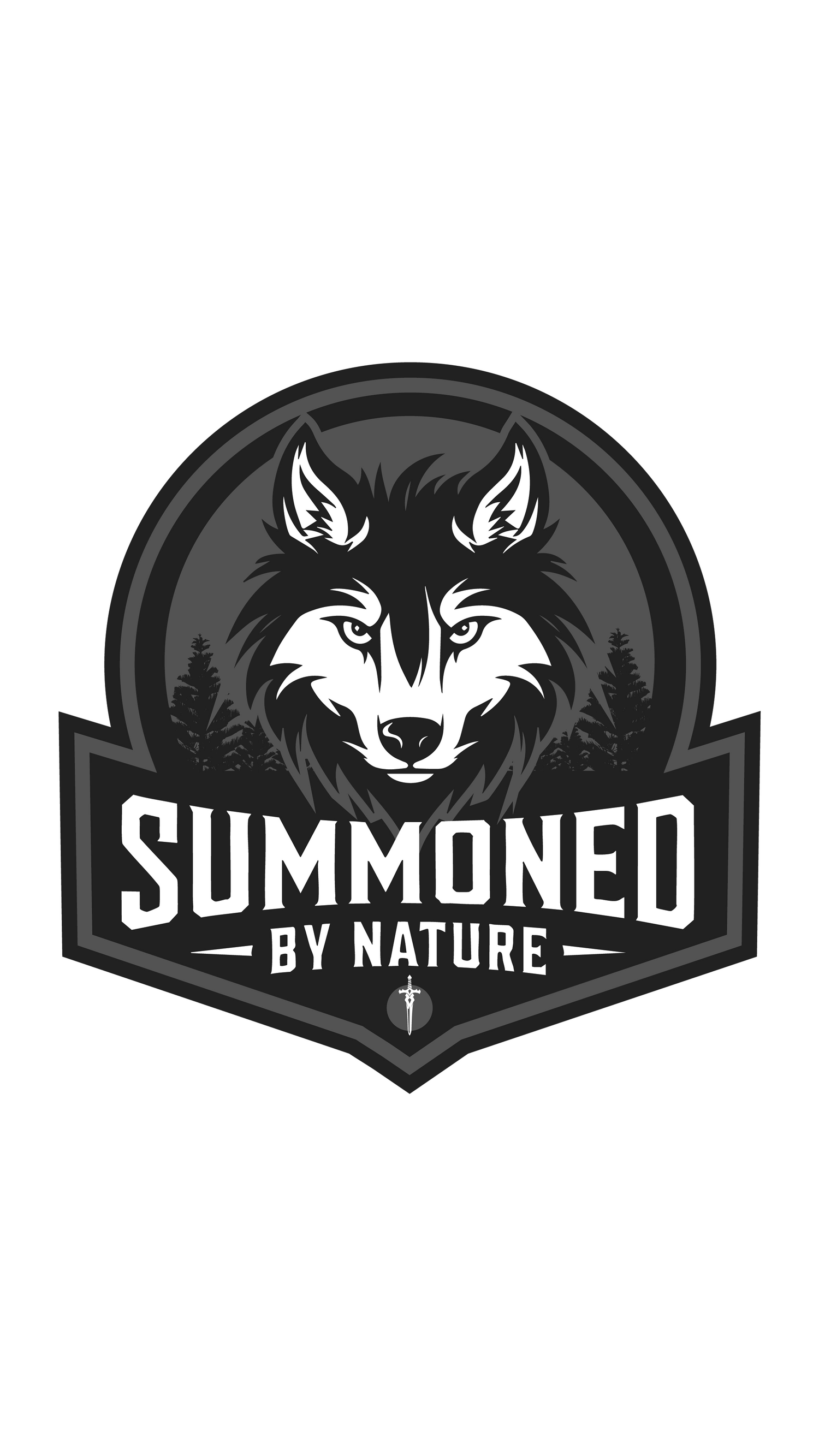 Monochromatic wolf head logo for Summoned By Nature brand with forest silhouette background. Portrava Creative Studios