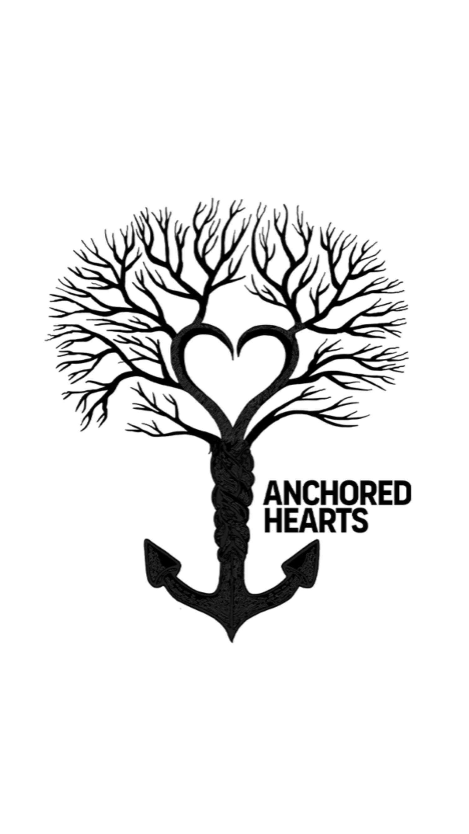 Black and white illustration of tree branches forming heart shape with anchor at base. Portrava Creative Studios