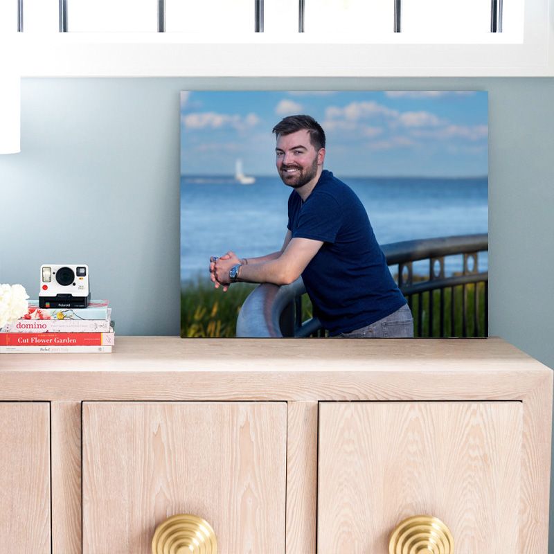 Professional headshots and lifestyle photos of a person in casual attire against various coastal backgrounds.