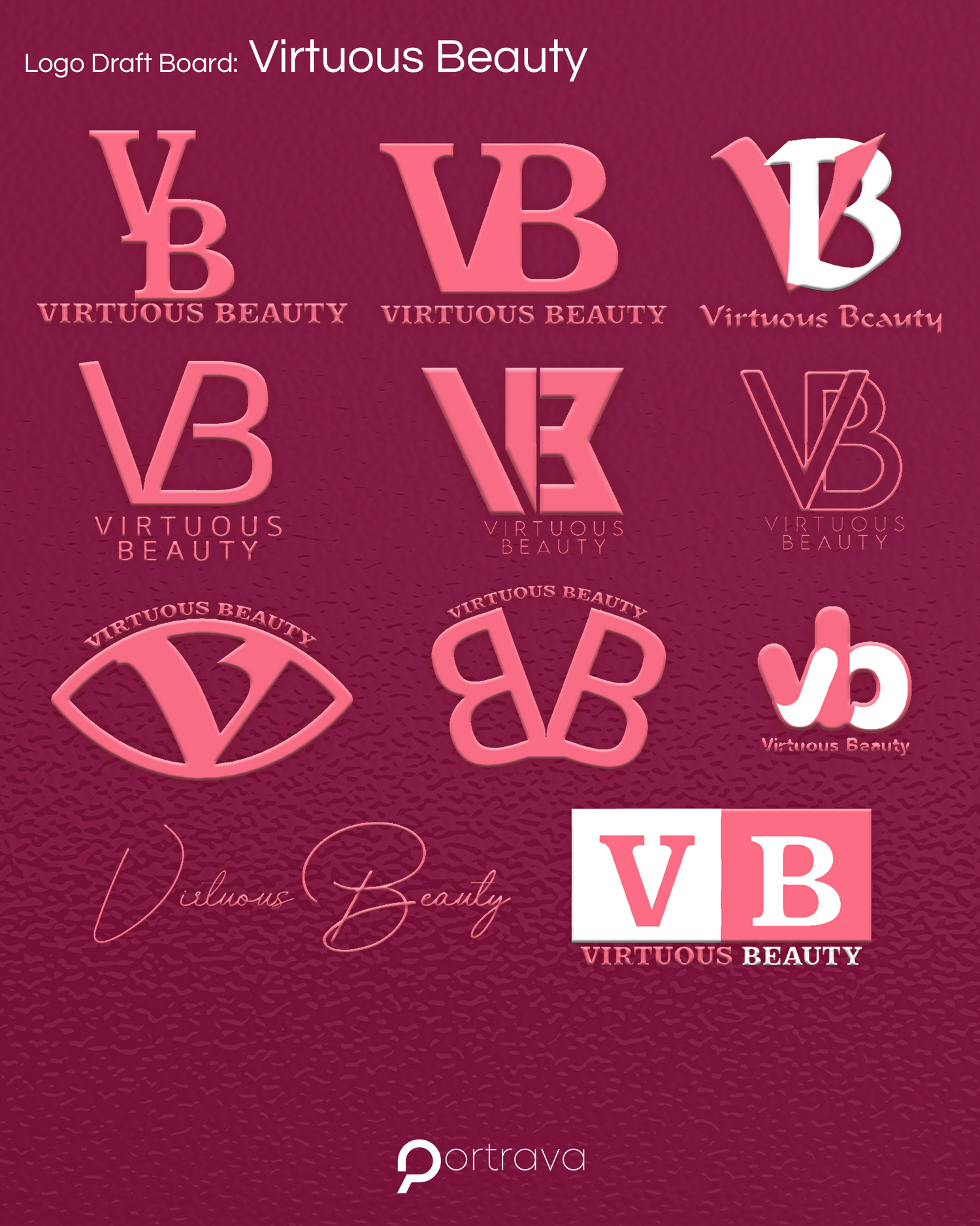 Portrava CS Logo design concepts for Virtuous Beauty brand featuring various VB monogram styles in pink. Portrava Creative Studios