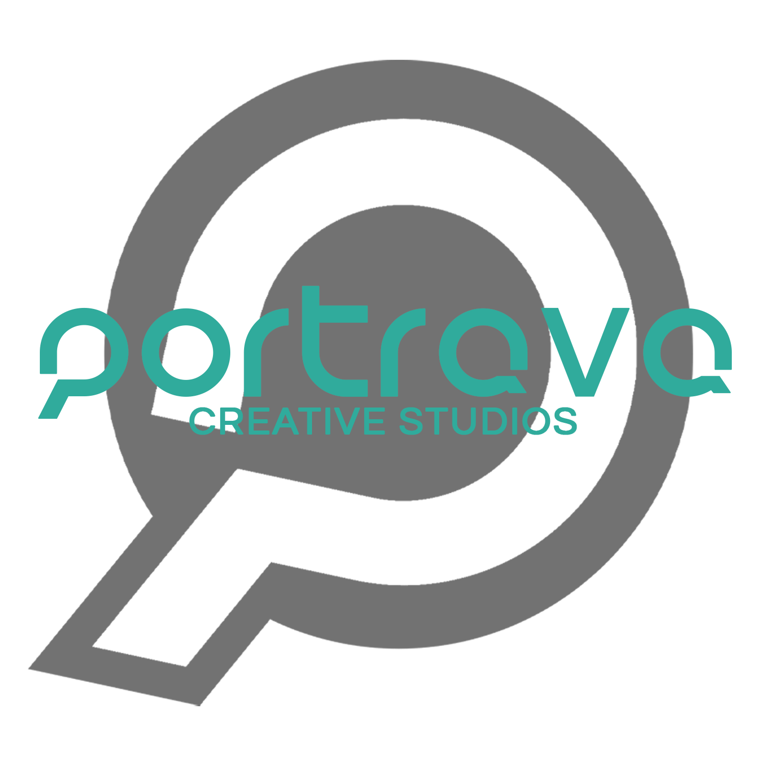 Modern logo design for Portrave Creative Studios in teal and black with magnifying glass icon.