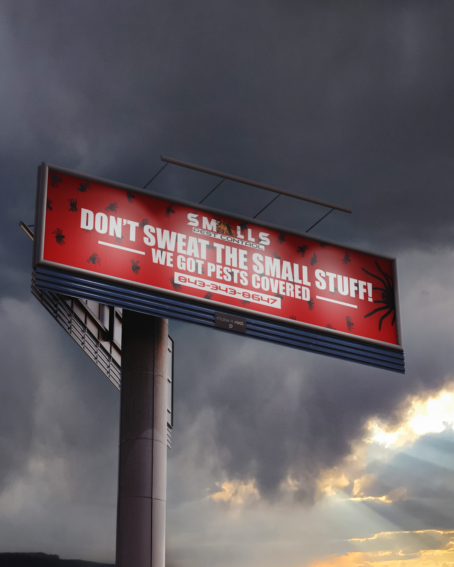 Large red billboard with 'DON'T SWEAT THE SMALL STUFF' text against dramatic stormy sky at sunset. Portrava Creative Studios