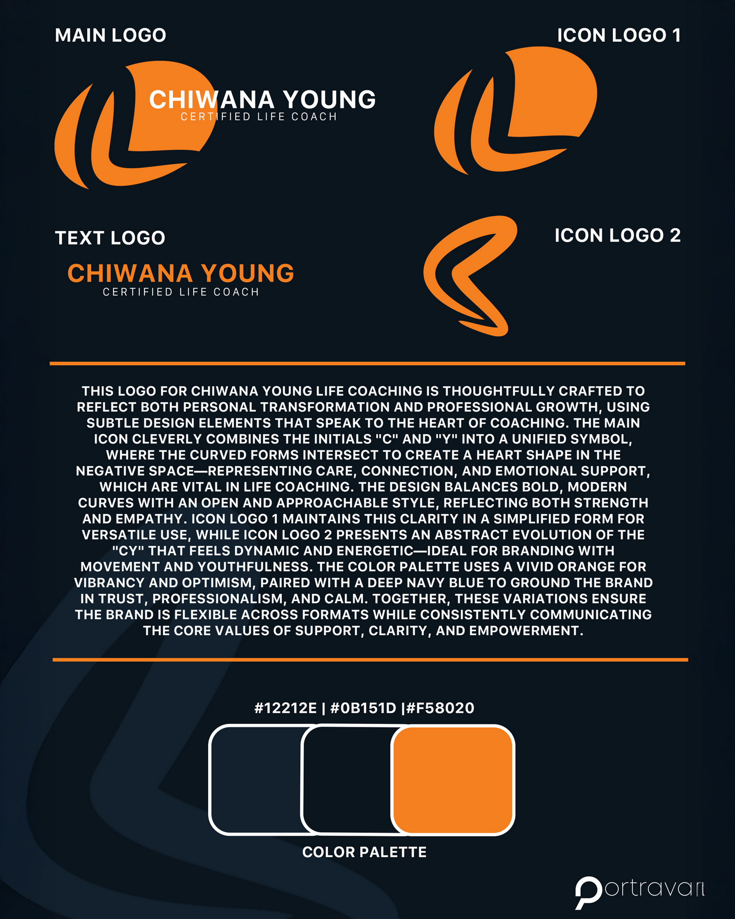 Portrava CS Professional branding package for Chiwana Young featuring orange and black logos with modern geometric designs. Portrava