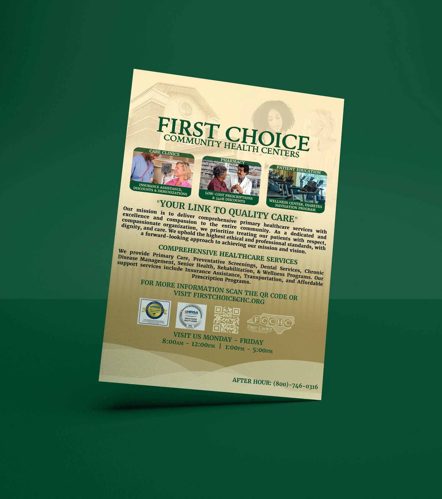 A marketing flyer for First Choice Home Health Care with three photos and text on a green background. Portrava Creative Studios