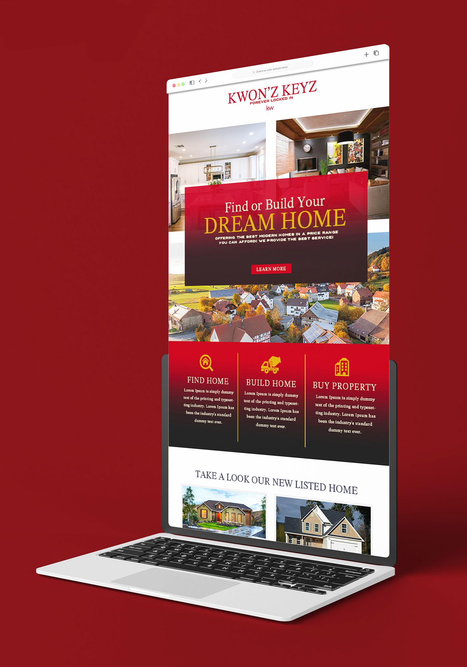 Portrava CS Website mockup for Kwon'z Keyz real estate company showing home search interface on laptop screen. Portrava Creative Studios
