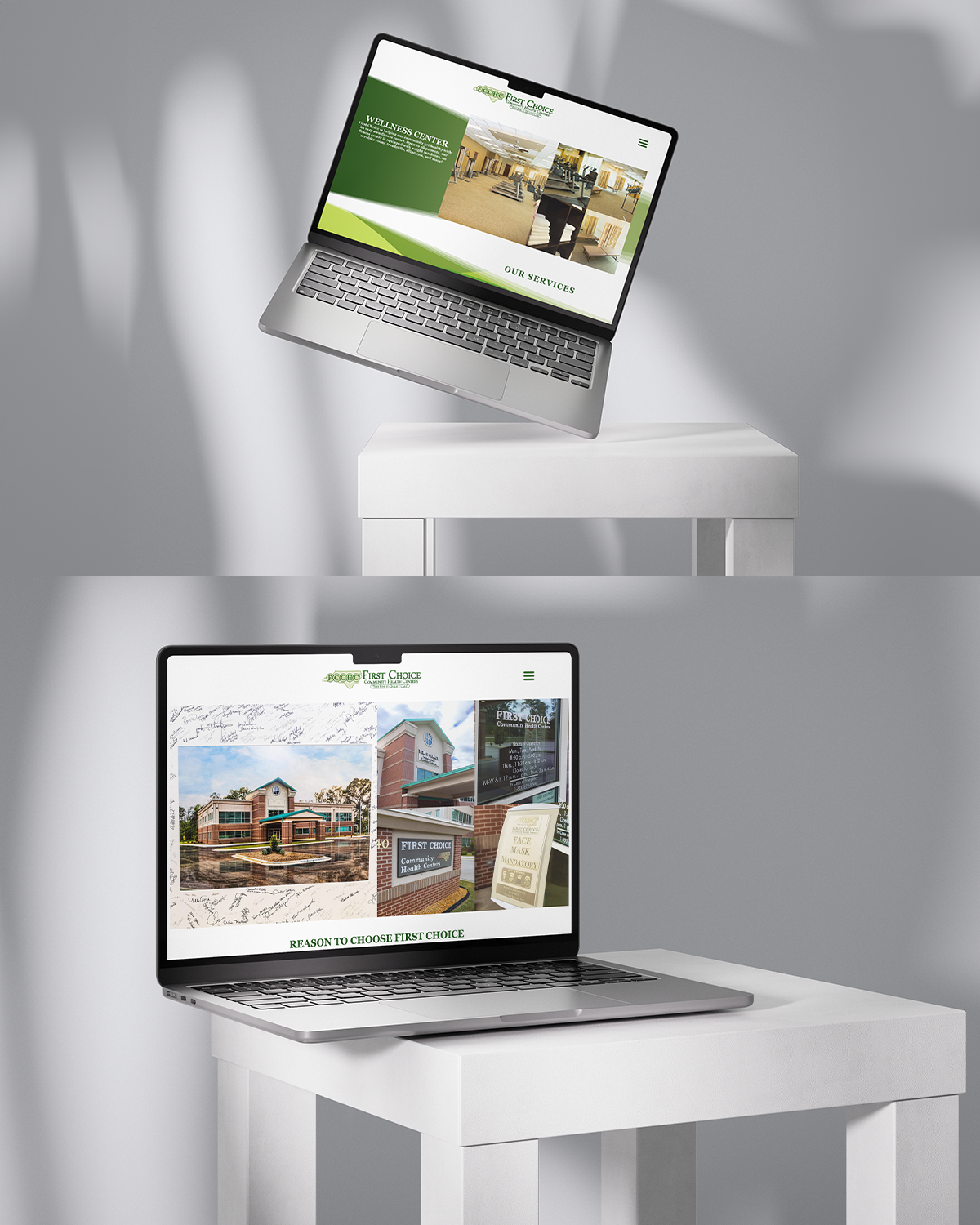 Portrava CS Two floating laptops displaying real estate website designs against white furniture.Portrava Creative Studios