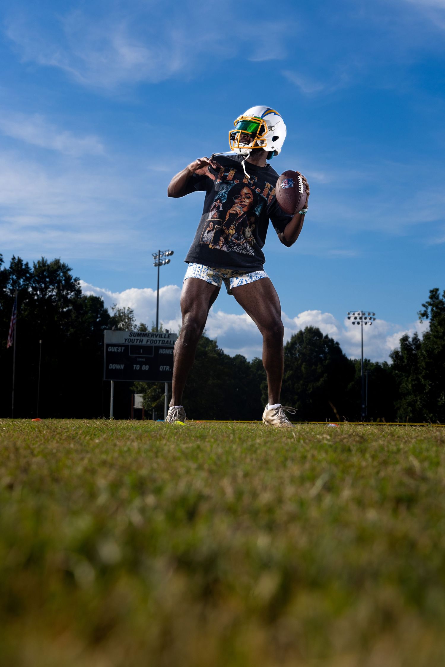 A sequence of four photos showing a football player in motion practicing kicking technique on a sunny field.