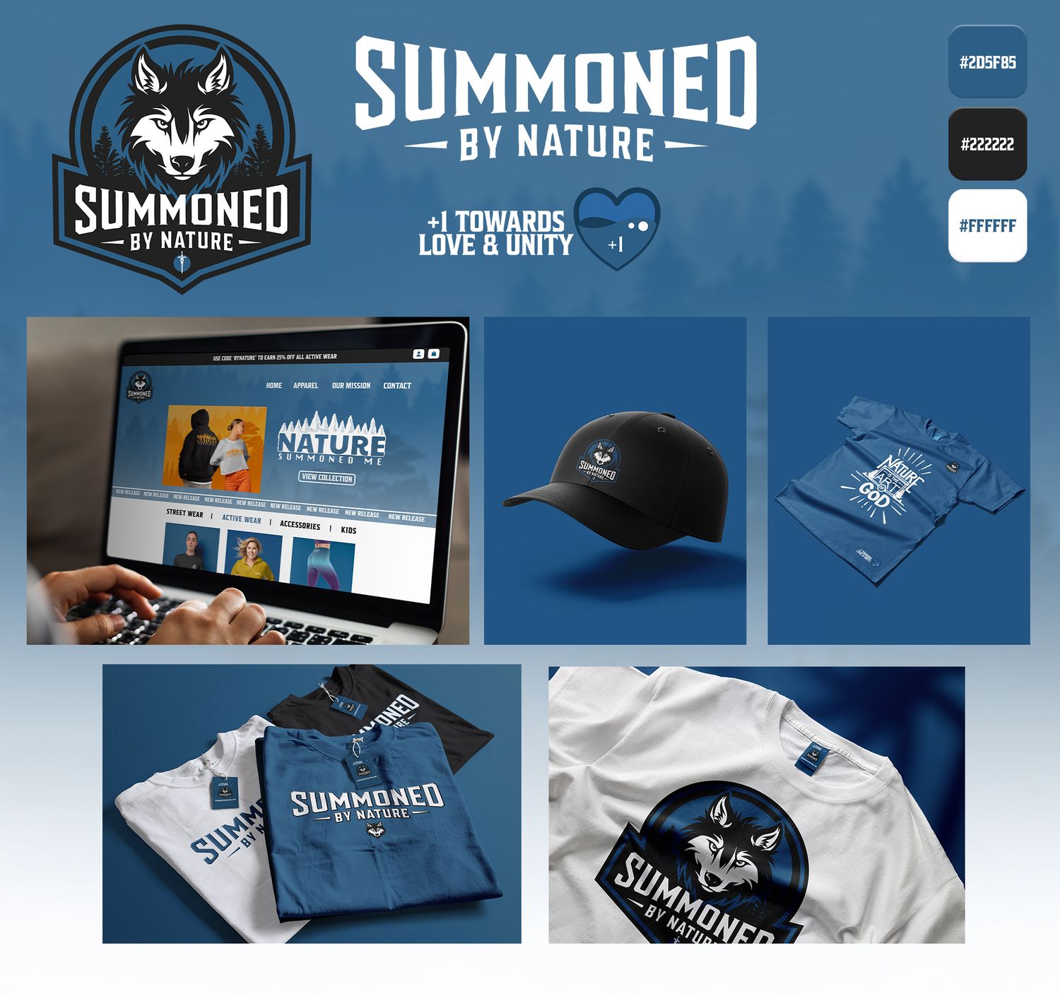 Lifestyle product display showing wolf logo branding on laptop screen, baseball cap, t-shirts and other merchandise. Portrava