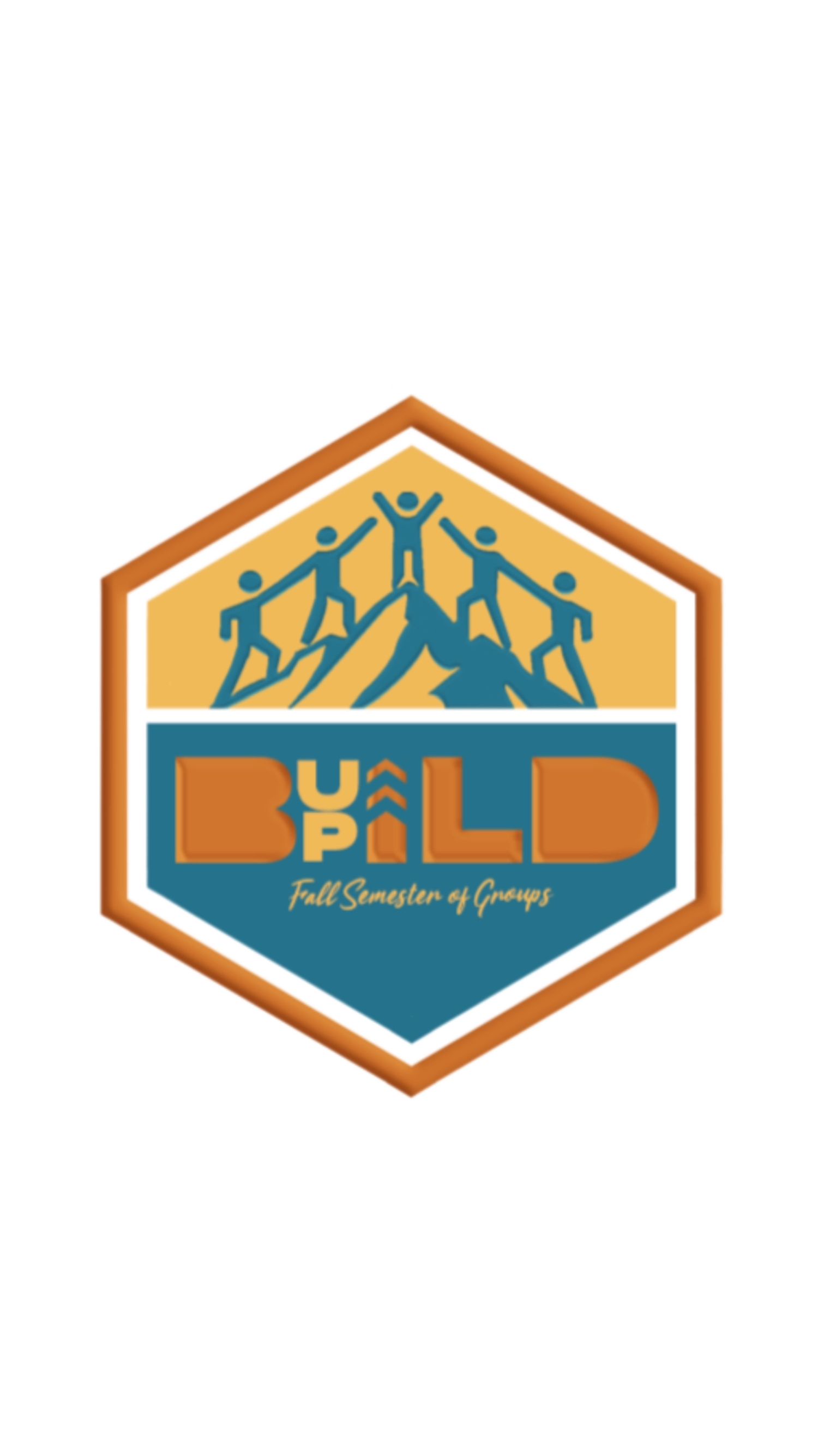 Hexagonal logo for Build showing stylized figures celebrating on mountain peaks in orange and blue colors. Portrava Creative Studios