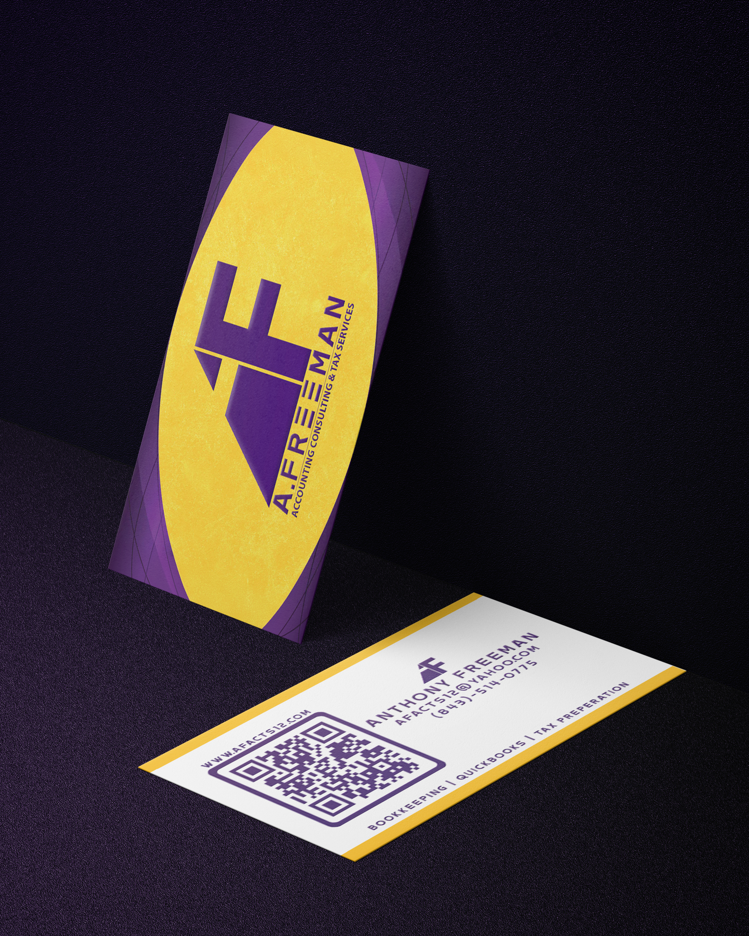 Yellow and purple business cards with AF logo and QR code design. Portrava Creative Studios