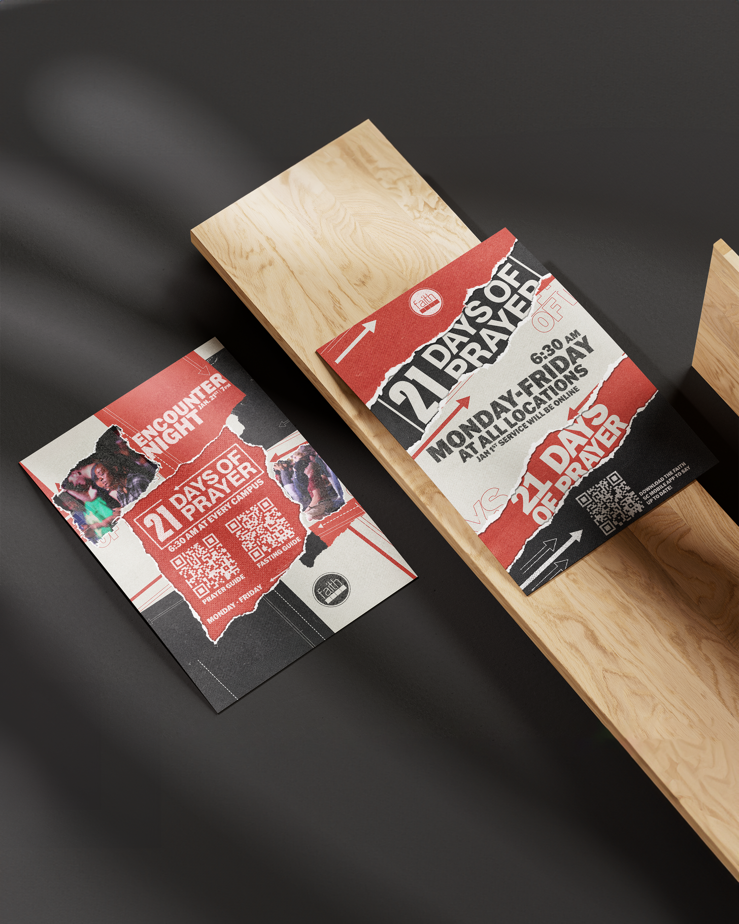 Marketing flyers and promotional materials arranged on wooden surface with dramatic shadows. Portrava Creative Studios