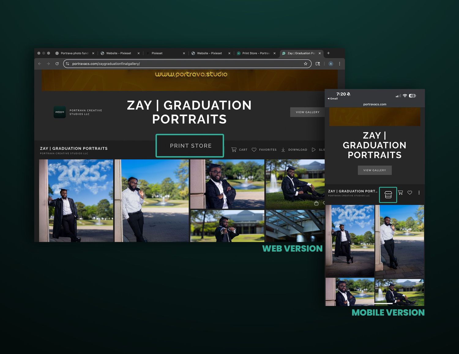 Multiple browser tabs displaying photography website layouts with outdoor graduation portrait galleries and thumbnails.
