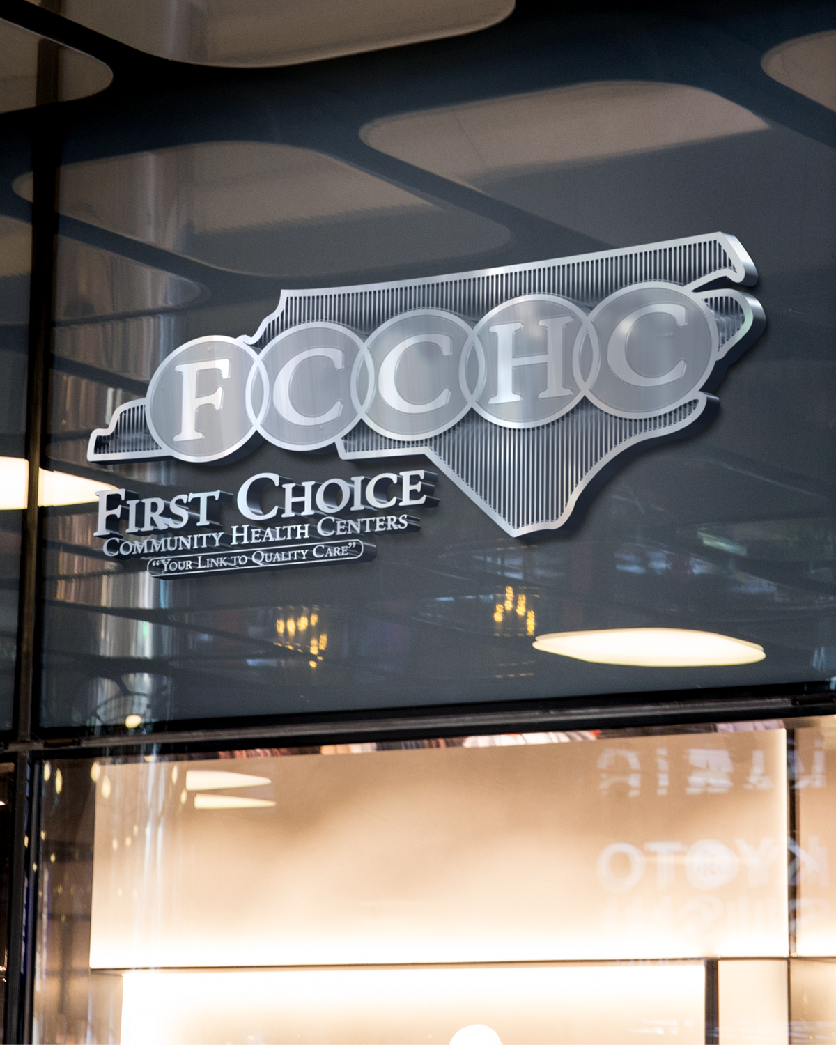 Portrava CS Illuminated sign for First Choice Community Health Centers with North Carolina state outline logo. Portrava Creative Studios