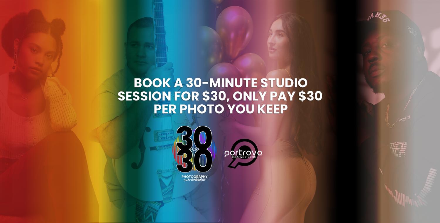 Rainbow colored light streaks create vibrant patterns and text overlays in a promotional photography advertisement.