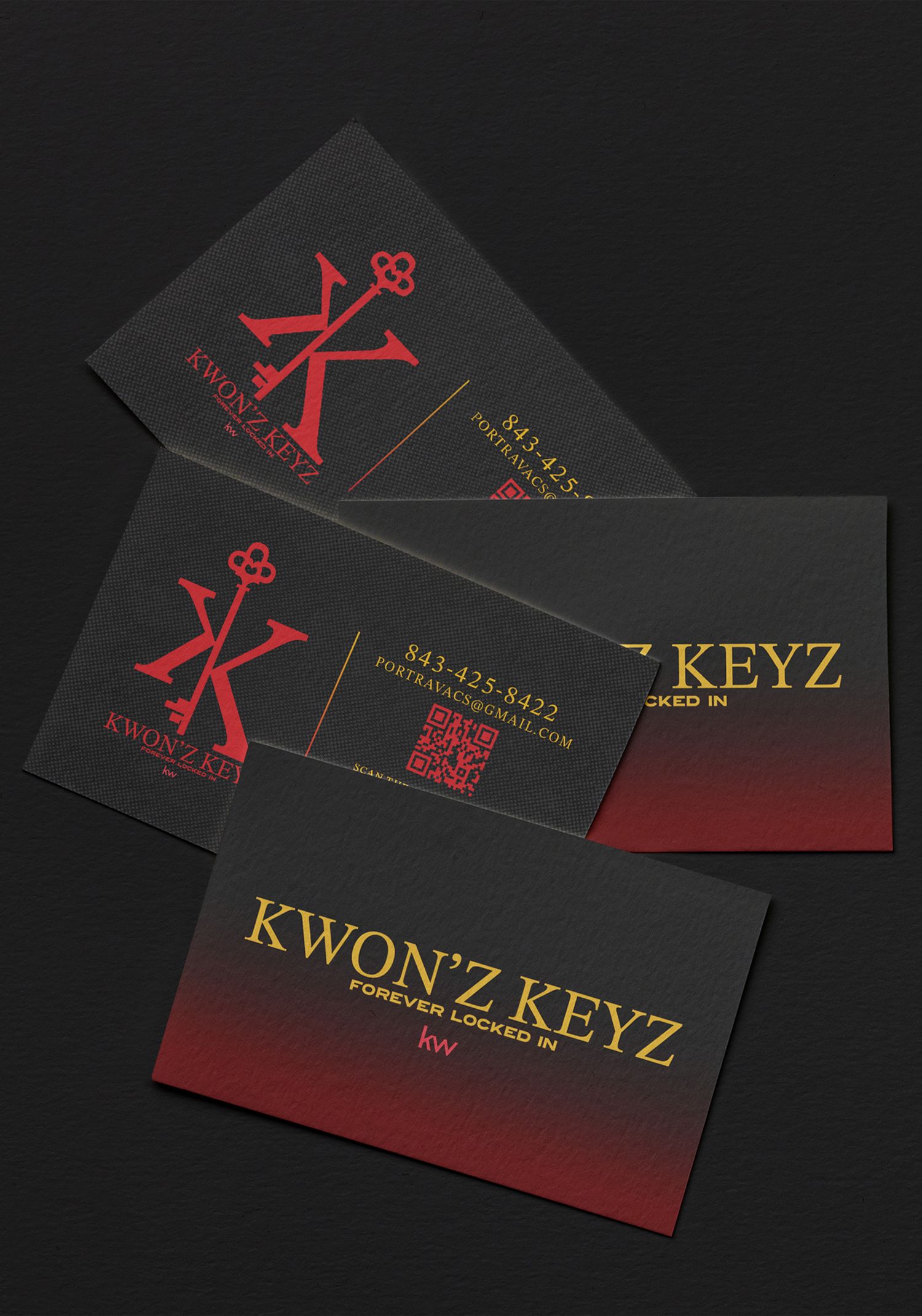 Portrava CS Black business cards featuring Kwon'z Keyz branding in red and gold gradient colors. Portrava Creative Studios