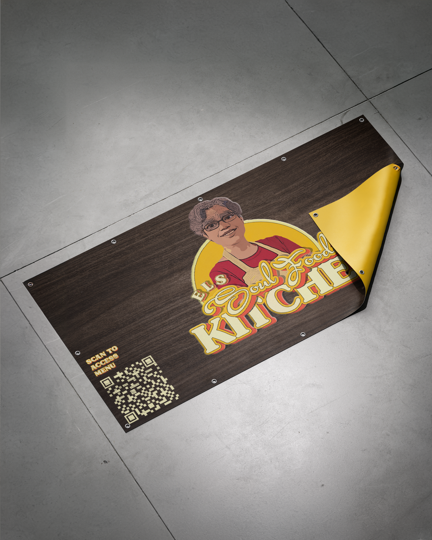 Wooden restaurant sign with yellow peeling corner effect and QR code. Portrava Creative Studios