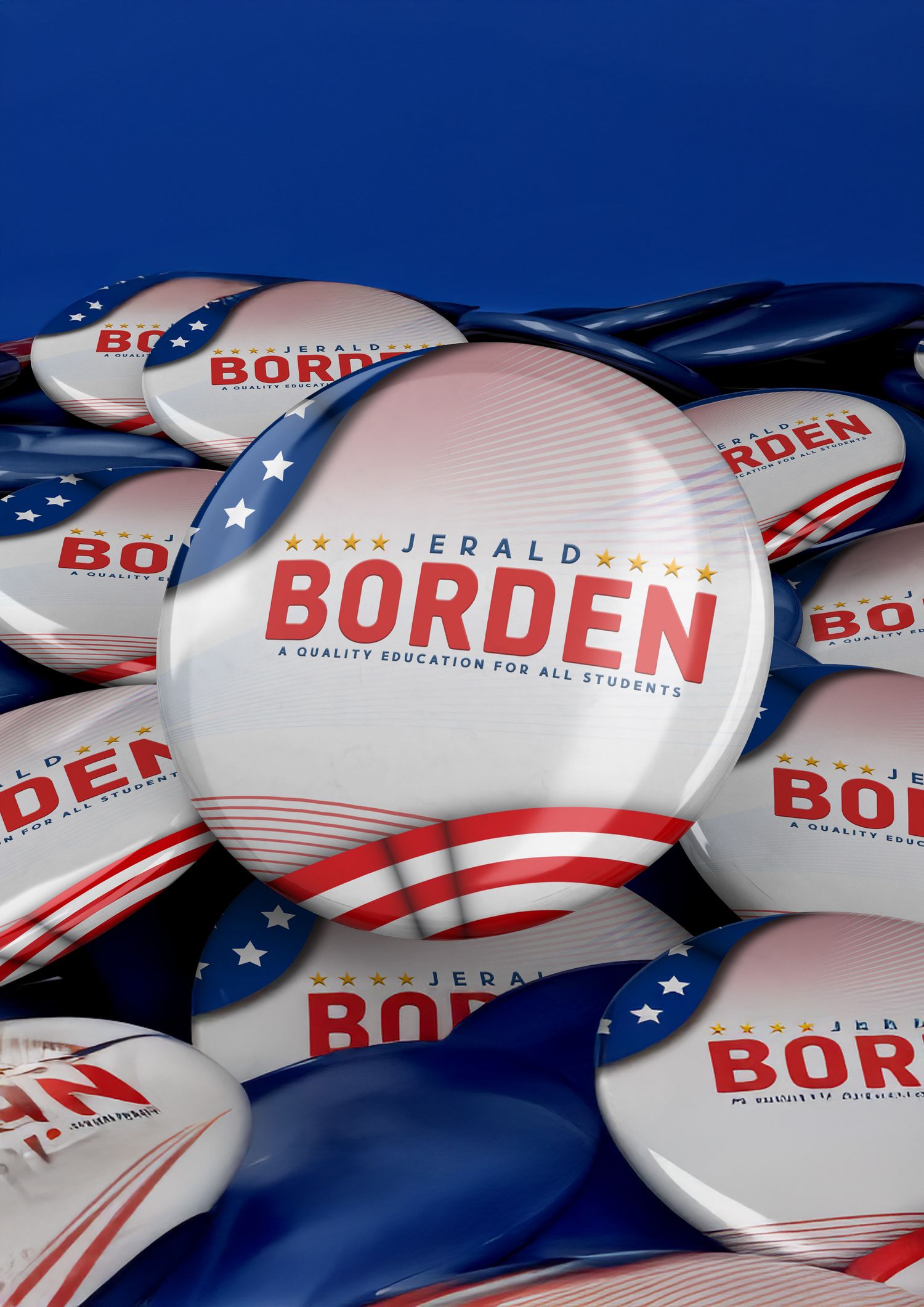Portrava CS Collection of red, white and blue campaign buttons for Borden stacked together. Portrava Creative Studios