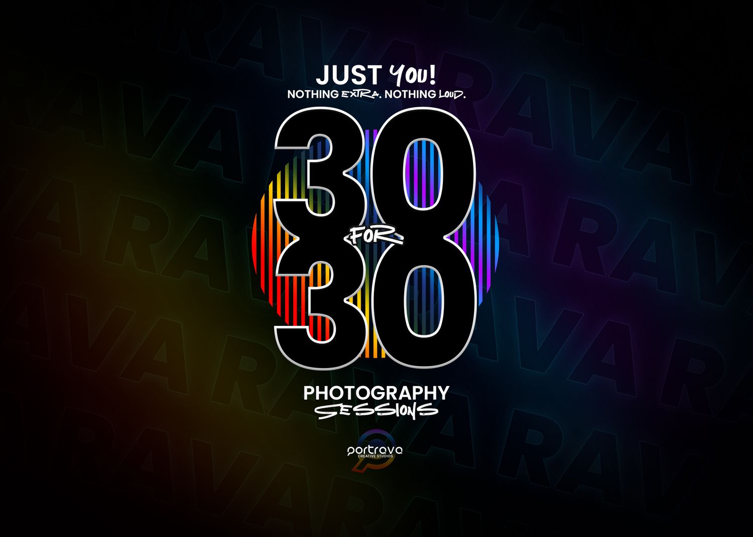 A series of colorful rainbow-hued number 30 logos with photography text designs arranged in a horizontal layout. Portrava Creative Studios