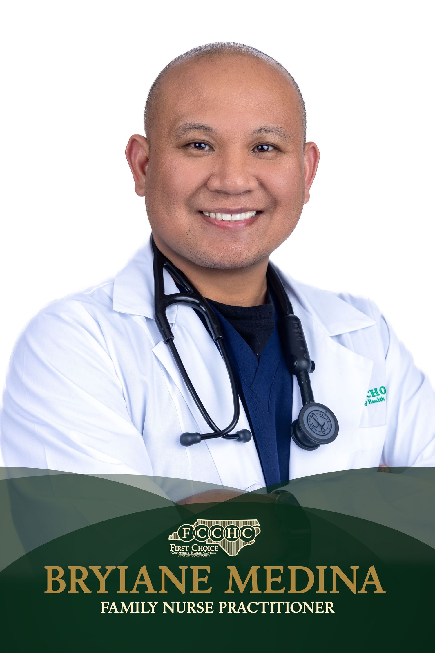 Medical professional in white coat and stethoscope smiling warmly against a dark background.