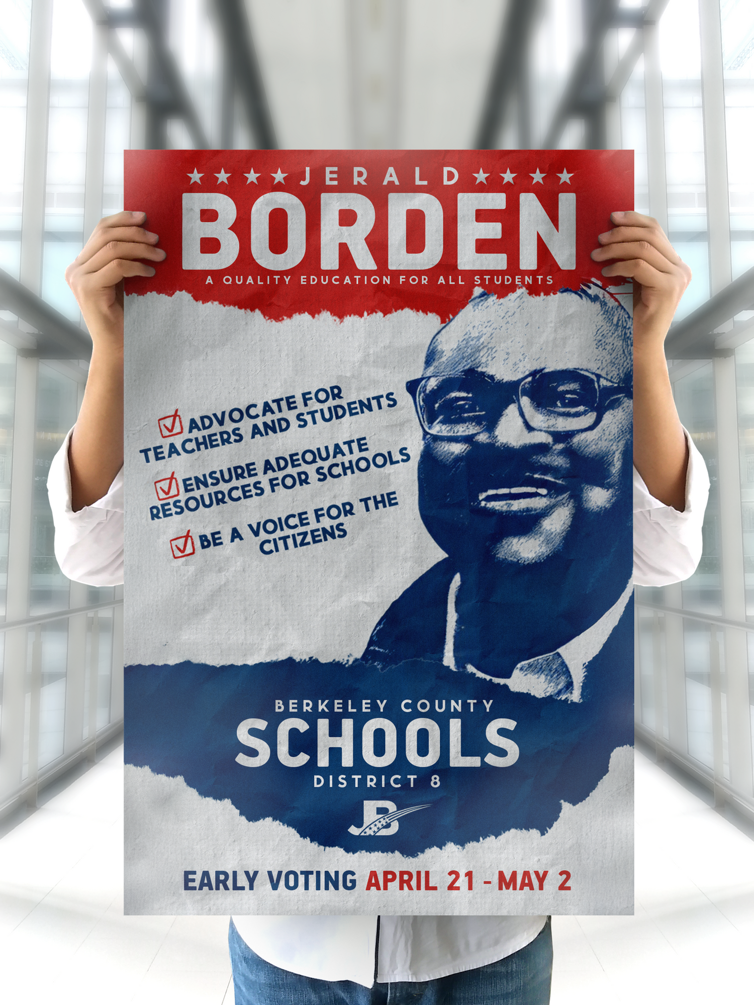 Campaign poster for Jerald Borden's school board election featuring text about advocating for teachers and students. Portrava