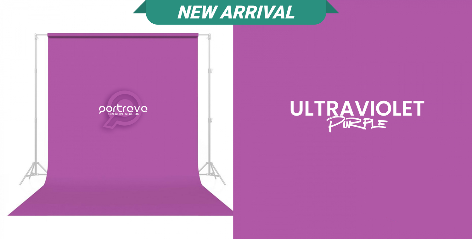 Purple gradient banner design with a white 'NEW ARRIVAL' label in green against a vibrant background. Portrava Creative Studios