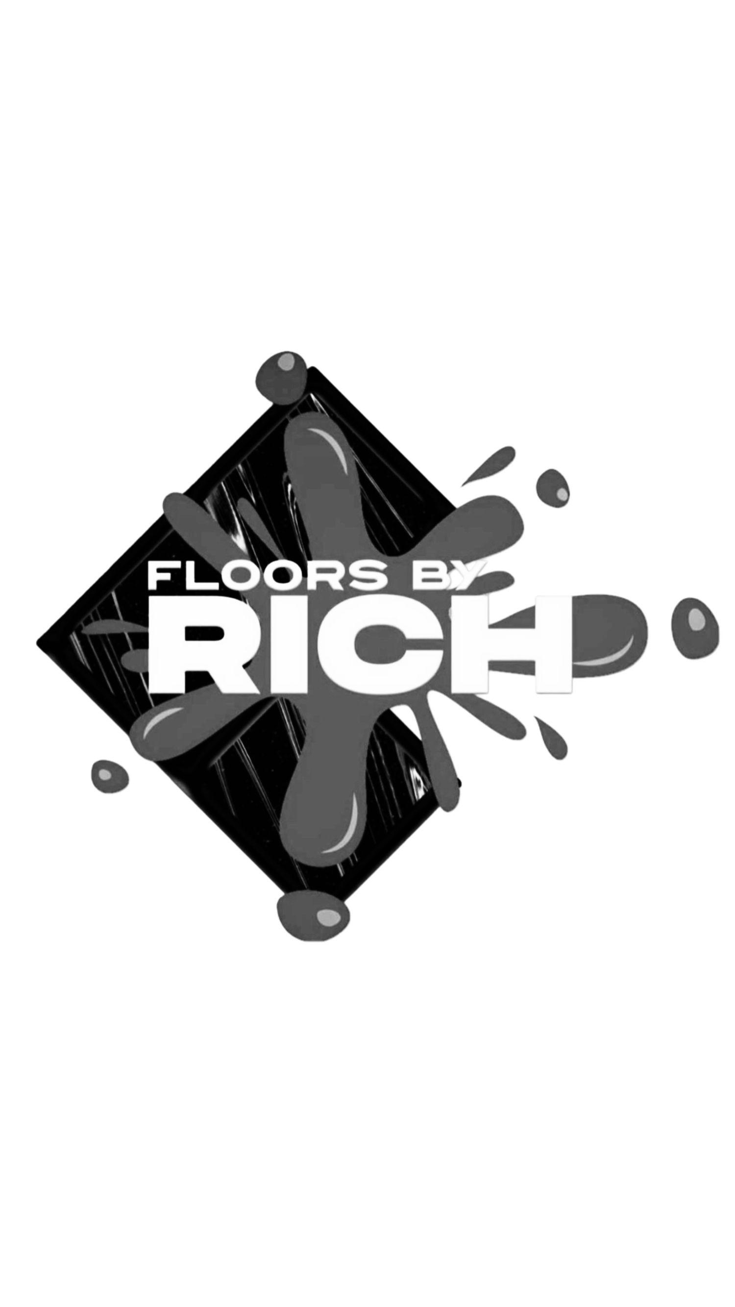 Modern black and gray diamond-shaped logo for Floors by Rice with paint splatter design elements. Portrava Creative Studios