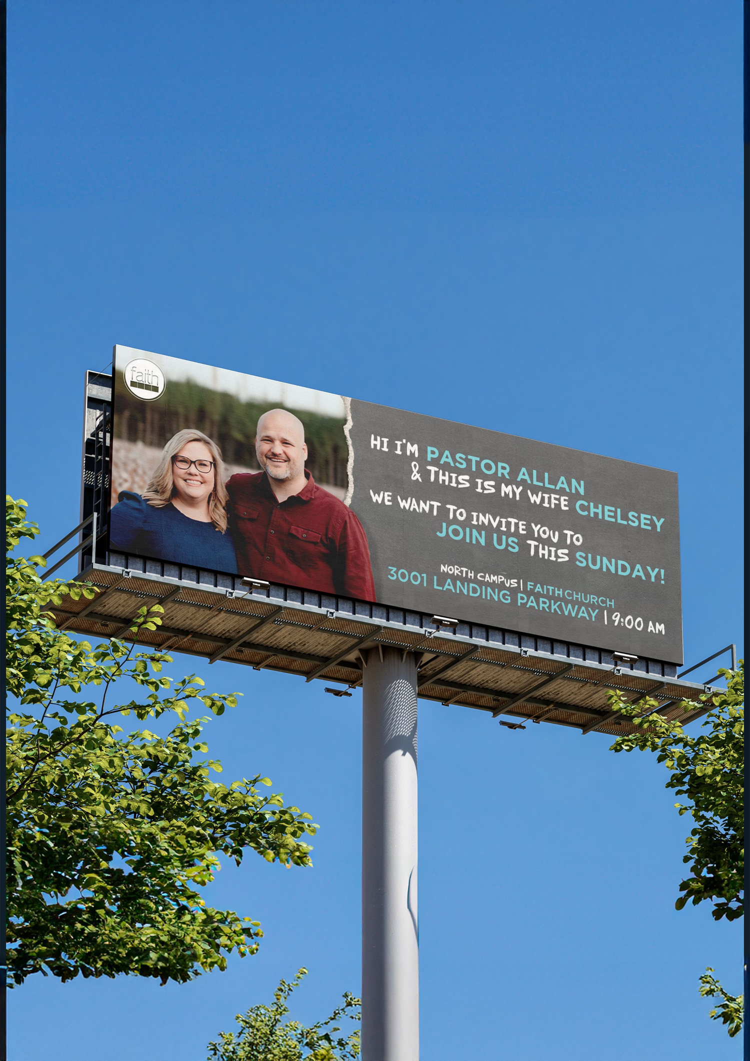 Portrava CS Large billboard on a pole against blue sky advertising a church invitation. Portrava Creative Studios